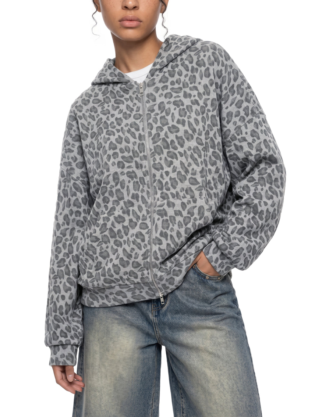 Trixy Corp New logo  Leopard Print Waffle Full Zip Hoodie