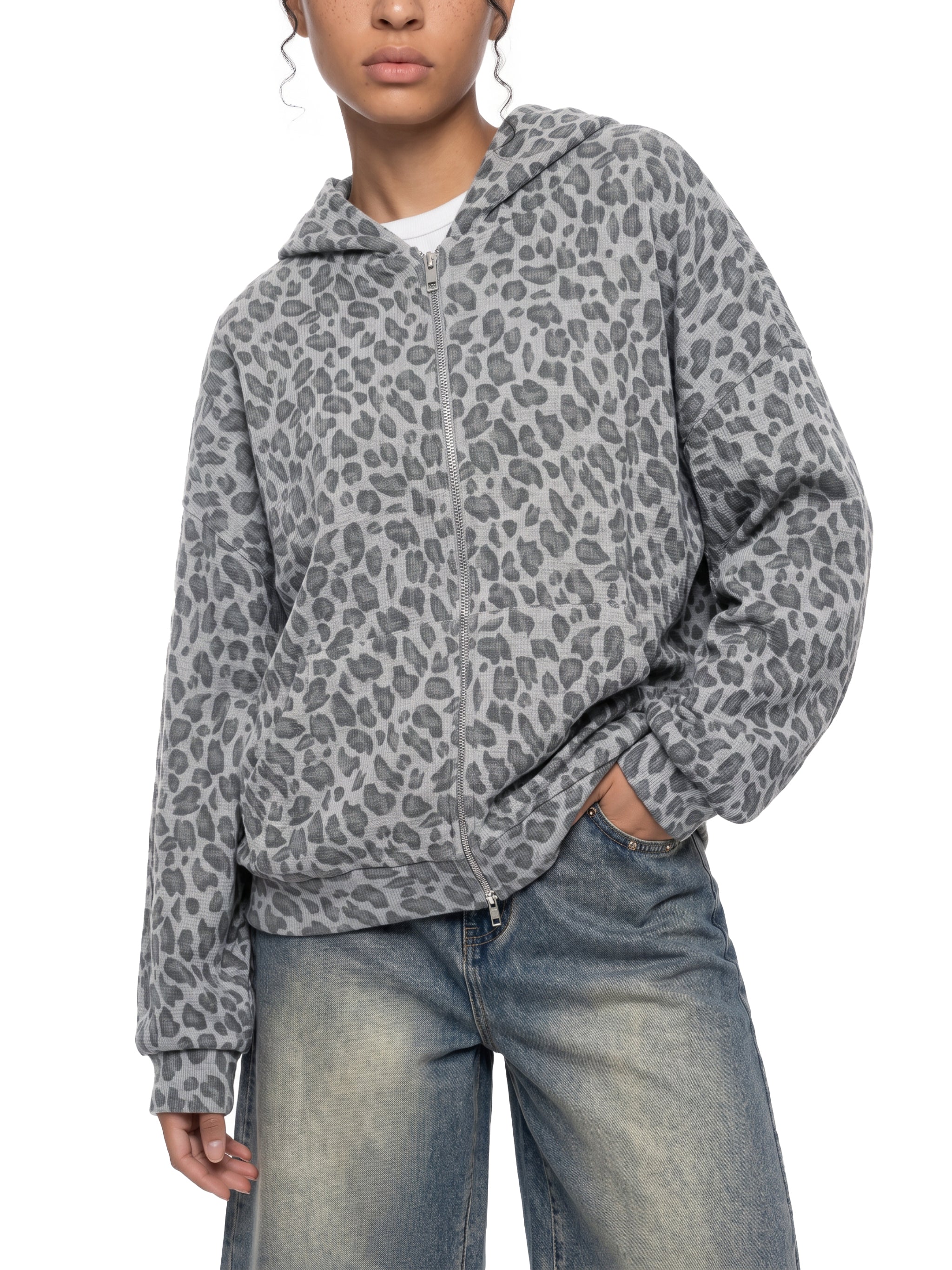 Trixy Corp New logo  Leopard Print Waffle Full Zip Hoodie